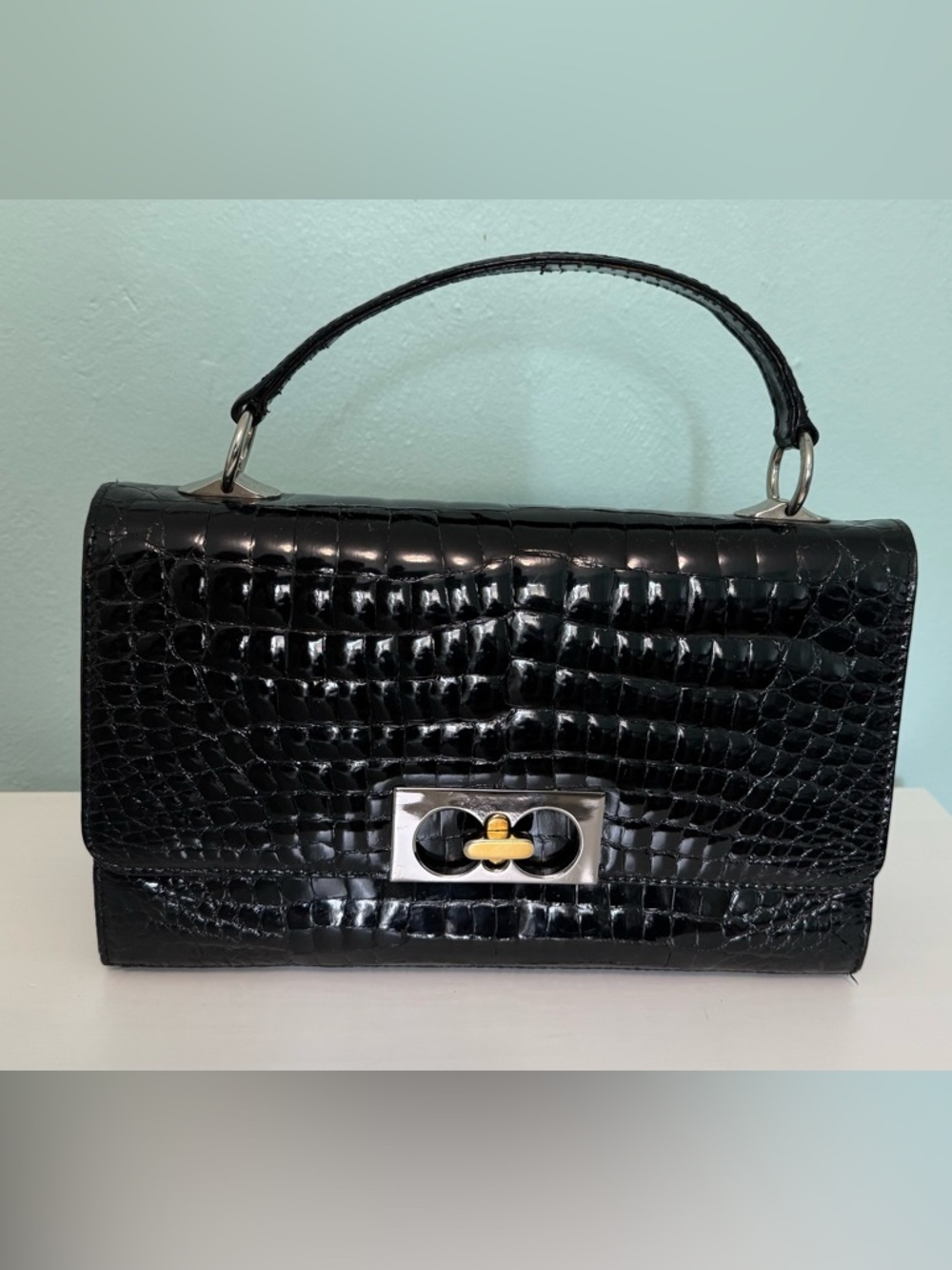 Vintage Croc Embossed Leather Top Handle Bag Black Structured Gold Clasp